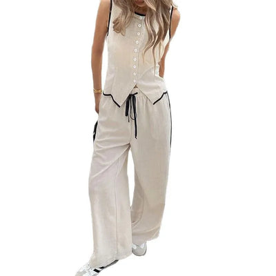 Women's Clothing New Fashion Color Blocked Round Neck Vest Top Wide Leg Pants