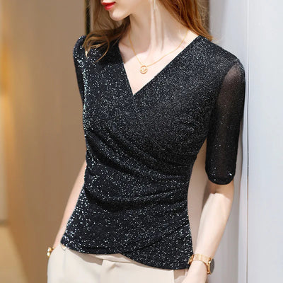 Women's Clothing Blouses Elegant Summer T Shirt Elastic Glitter Blouses or Tops