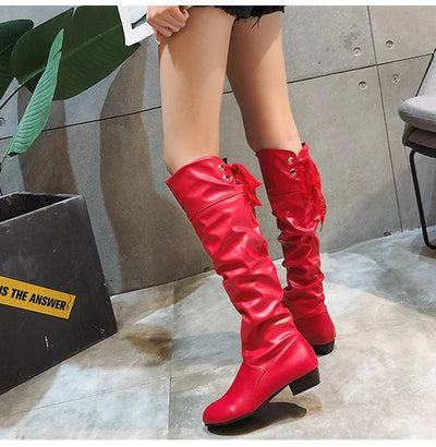 Knee High Boots Red Black White Tall Boots Woman Pleated Low Heel Casual Leather