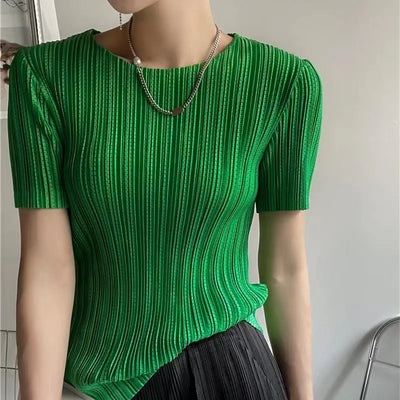 Woman Clothing  Top Women Miyake Pleated Short-sleeved T-shirt