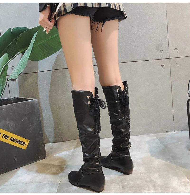 Knee High Boots Red Black White Tall Boots Woman Pleated Low Heel Casual Leather
