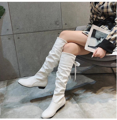 Knee High Boots Red Black White Tall Boots Woman Pleated Low Heel Casual Leather