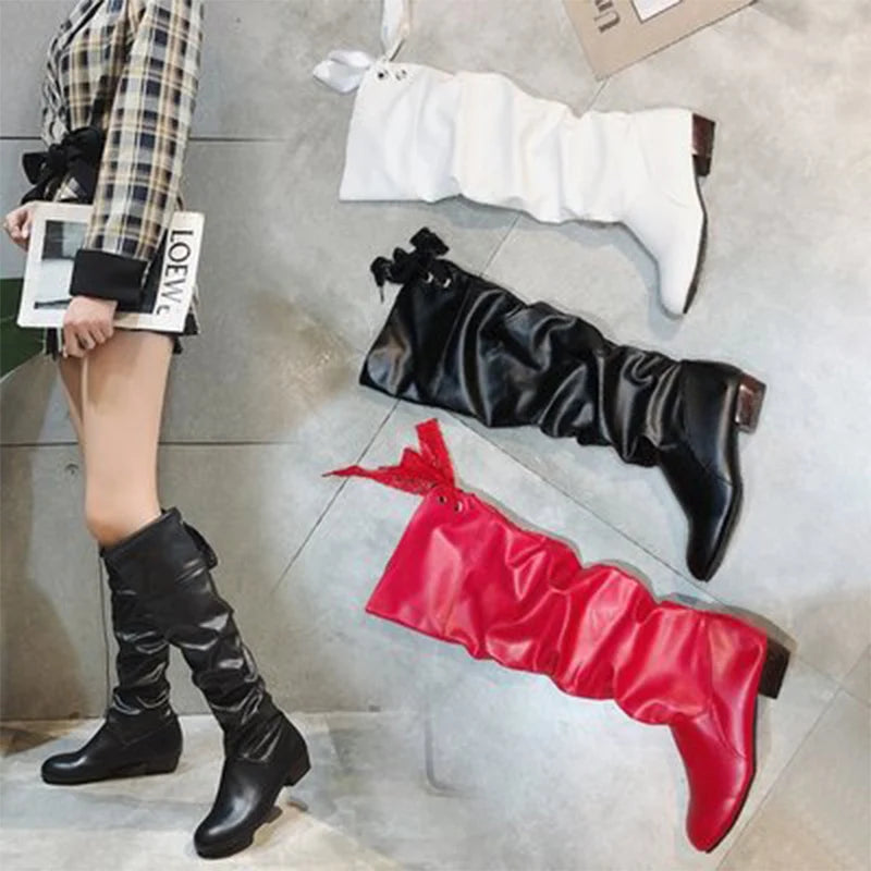 Knee High Boots Red Black White Tall Boots Woman Pleated Low Heel Casual Leather