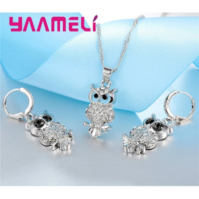 Shining Full African AAA Crystal Owl Pendant Necklace Earrings Sets Women Best Gifts