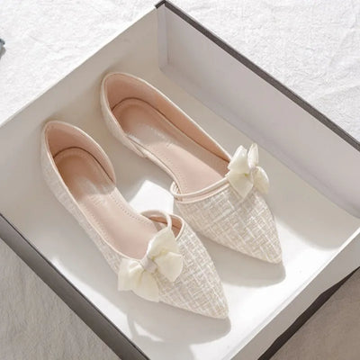 Shoes for Women with Bow Pointed Toe Evening White Woman Flats Elegant