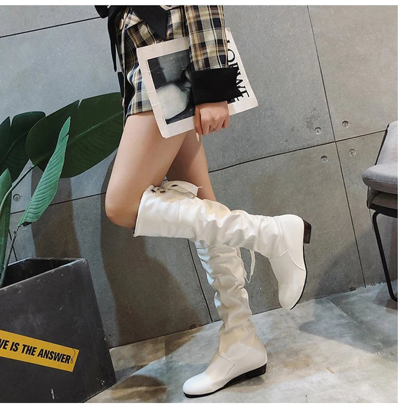 Knee High Boots Red Black White Tall Boots Woman Pleated Low Heel Casual Leather