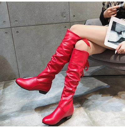 Knee High Boots Red Black White Tall Boots Woman Pleated Low Heel Casual Leather