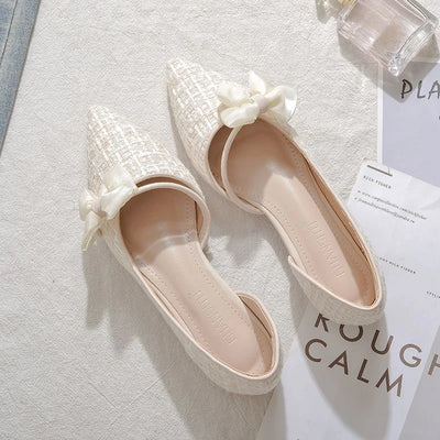 Shoes for Women with Bow Pointed Toe Evening White Woman Flats Elegant