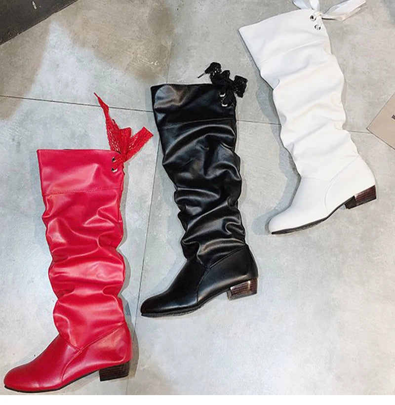 Knee High Boots Red Black White Tall Boots Woman Pleated Low Heel Casual Leather
