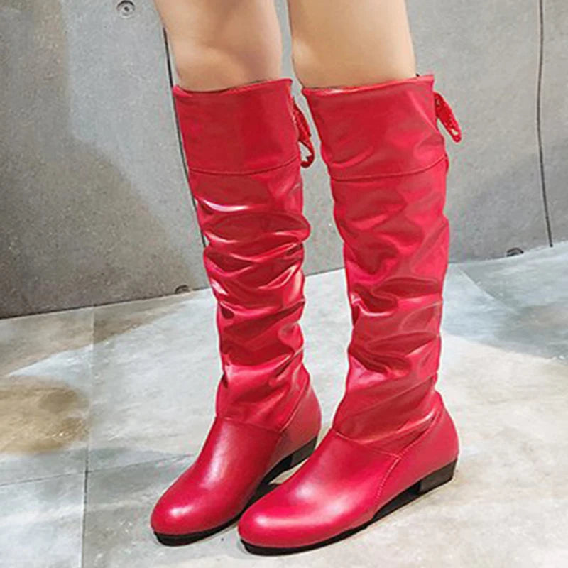 Knee High Boots Red Black White Tall Boots Woman Pleated Low Heel Casual Leather