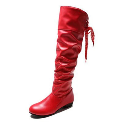 Knee High Boots Red Black White Tall Boots Woman Pleated Low Heel Casual Leather
