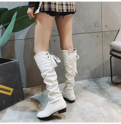Knee High Boots Red Black White Tall Boots Woman Pleated Low Heel Casual Leather