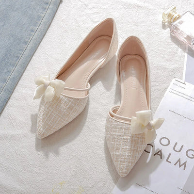 Shoes for Women with Bow Pointed Toe Evening White Woman Flats Elegant