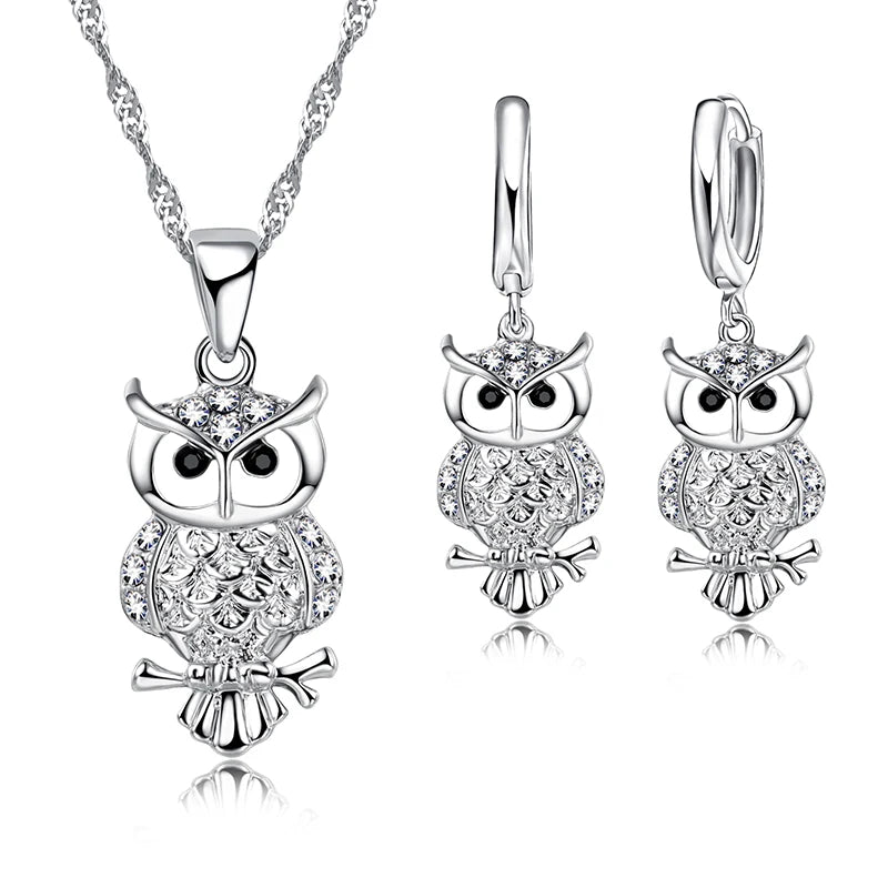 Shining Full African AAA Crystal Owl Pendant Necklace Earrings Sets Women Best Gifts