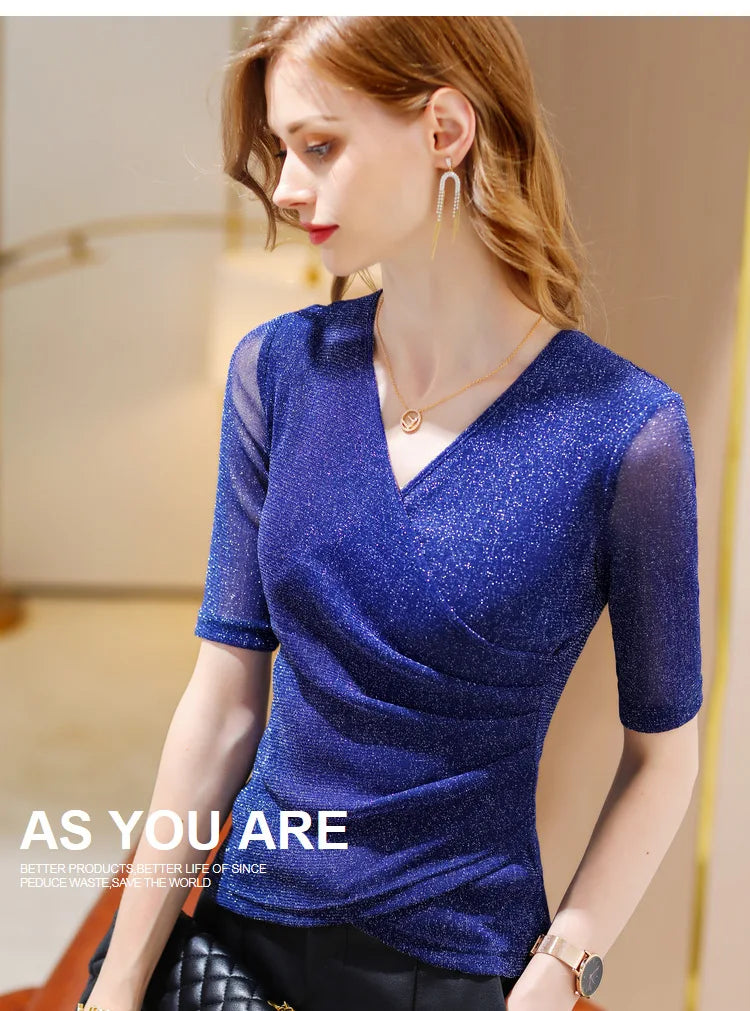 Women's Clothing Blouses Elegant Summer T Shirt Elastic Glitter Blouses or Tops