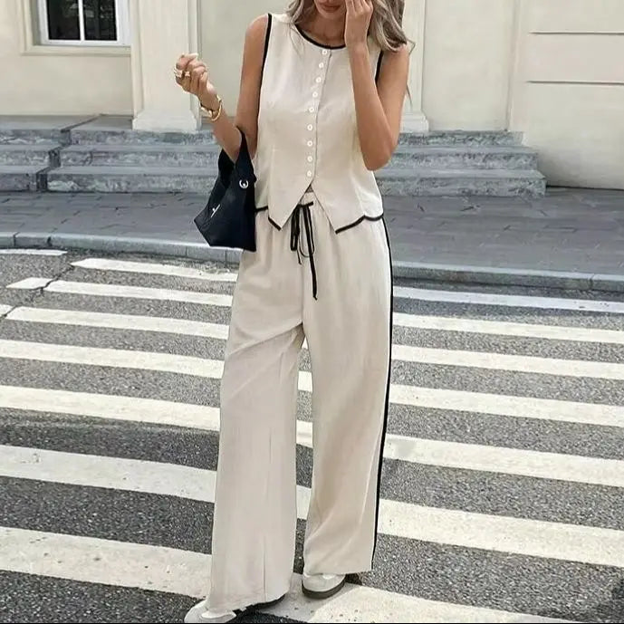 Women's Clothing New Fashion Color Blocked Round Neck Vest Top Wide Leg Pants