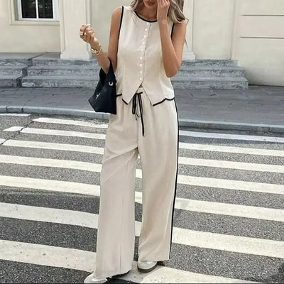 Women's Clothing New Fashion Color Blocked Round Neck Vest Top Wide Leg Pants