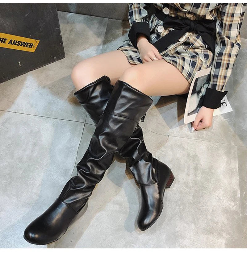 Knee High Boots Red Black White Tall Boots Woman Pleated Low Heel Casual Leather