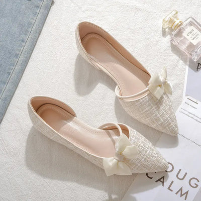 Shoes for Women with Bow Pointed Toe Evening White Woman Flats Elegant
